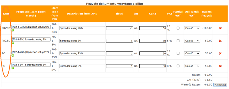 import korekt zakupu z ksef